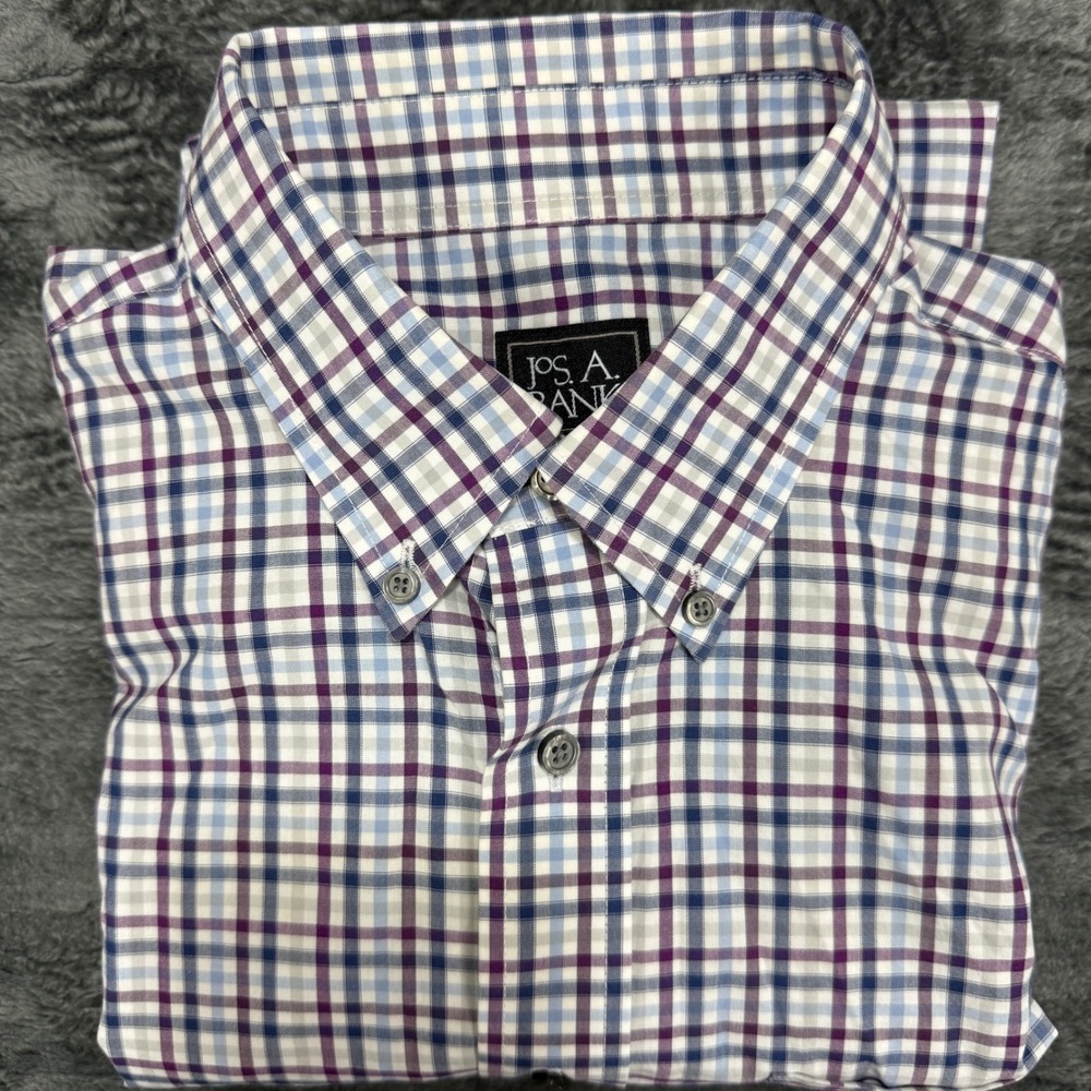 Jos. A. Bank Button Down‎ Shirt Men L Purple Blue Plaid Traveler Traditional Fit
